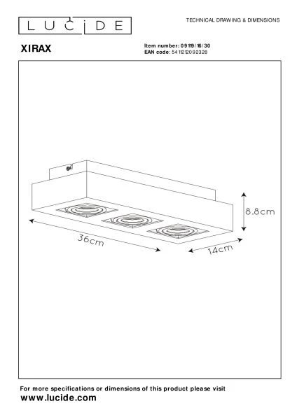 Lucide XIRAX - Spot plafond - LED Dim to warm - GU10 - 3x5W 2200K/3000K - Noir - technique